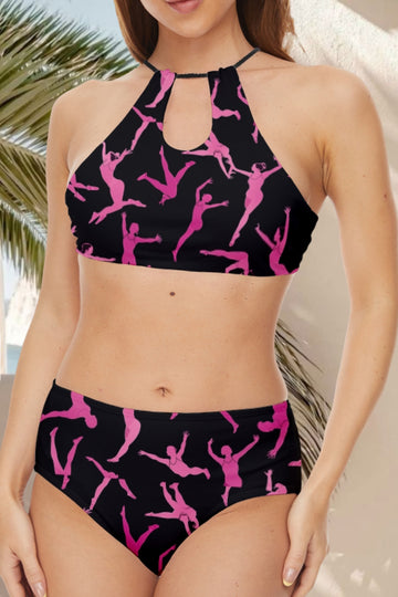 Black Printed Two Piece Halter Swimsuits
